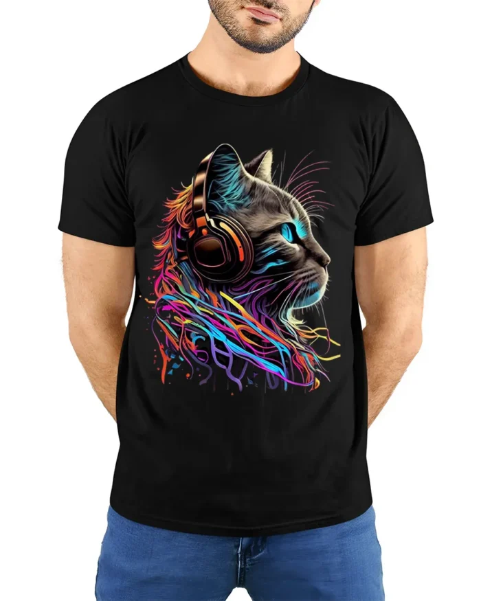 Colorful DJ Cat Headphones Graphic T-Shirt - model wearing black shirt, hands behind back
