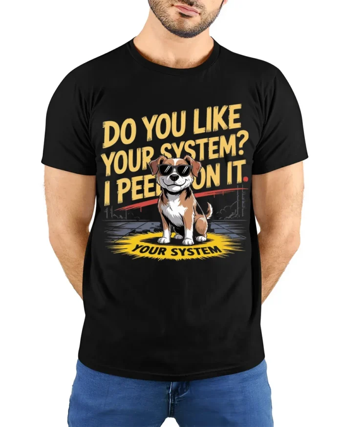 Funny Dog System Joke Graphic T-Shirt Humor Tee - model wearing black shirt, hands behind back