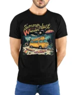 Summer Wanderlust Beach Van Graphic T-Shirt - model wearing black shirt, hands behind back