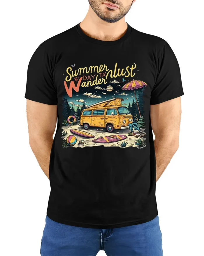 Summer Wanderlust Beach Van Graphic T-Shirt - model wearing black shirt, hands behind back