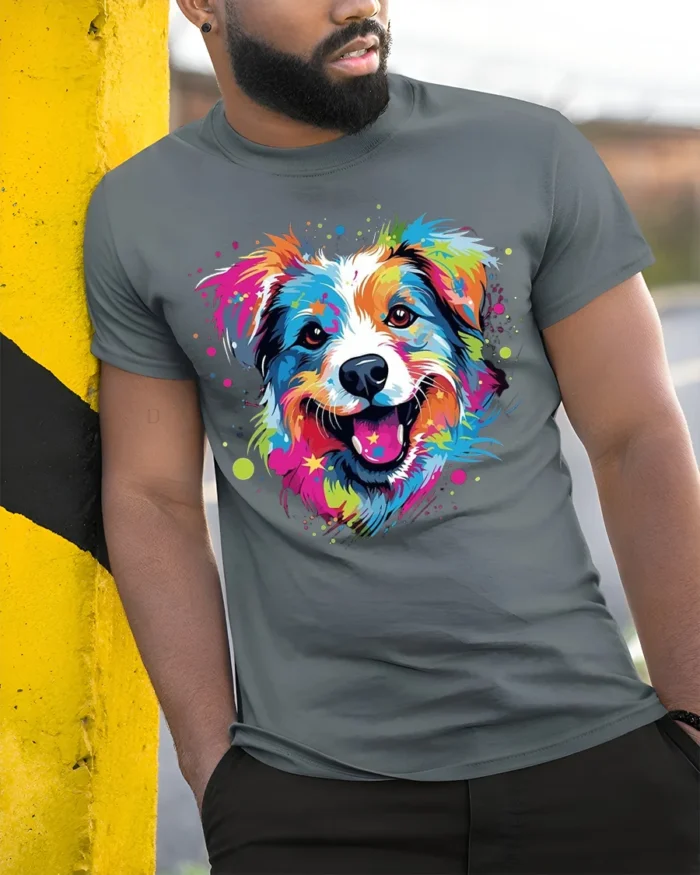 Colorful Artistic Dog Face Graphic T-Shirt - model in grey shirt leaning against column