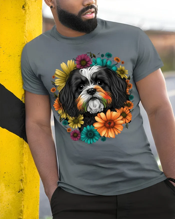 Floral Dog Face Graphic T-Shirt Pet Lover Tee - model in grey shirt leaning against column