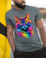 Colorful Neon Cat Face Graphic T-Shirt Artistic Tee - model in grey shirt leaning against column