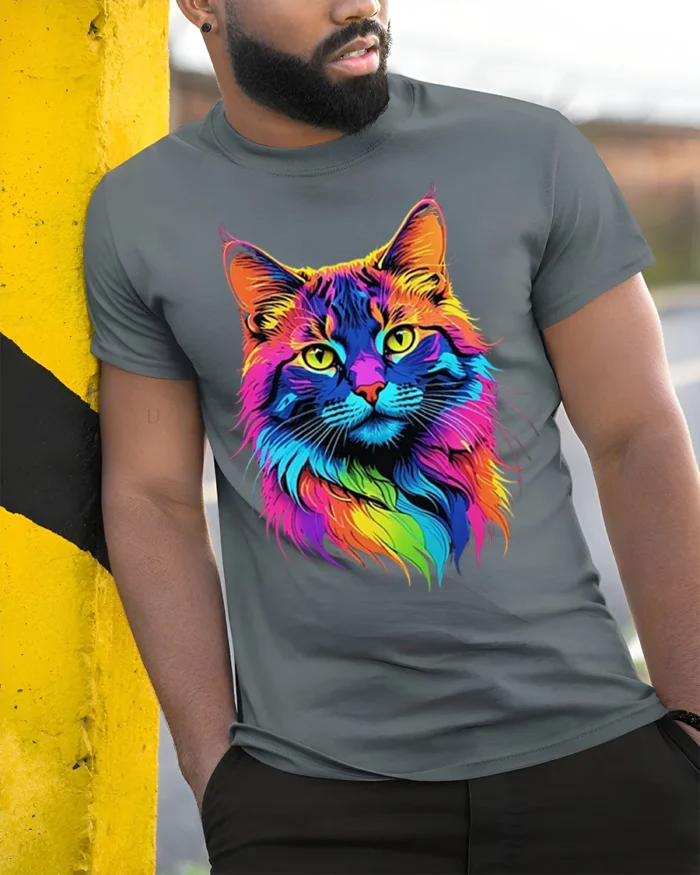Colorful Neon Cat Face Graphic T-Shirt Artistic Tee - model in grey shirt leaning against column