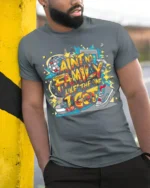 Ain’t No Family Like Mine Graphic T-Shirt Tee - model in grey shirt leaning against column