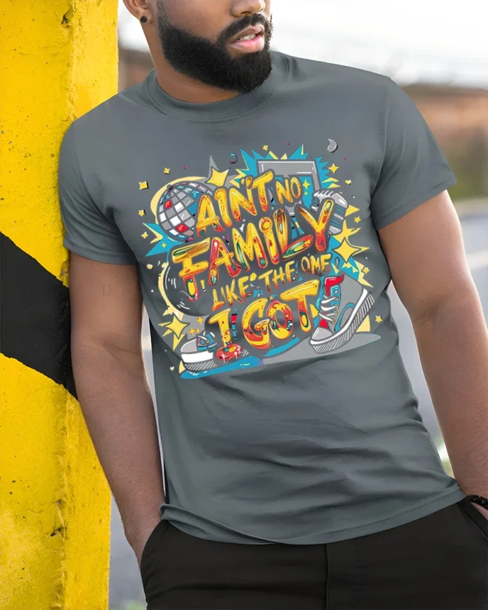 Ain’t No Family Like Mine Graphic T-Shirt Tee - model in grey shirt leaning against column