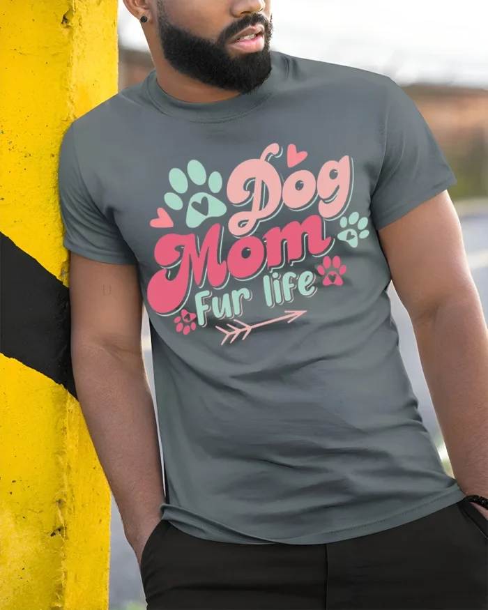 Dog Mom Fur Life Graphic T-Shirt for Pet Lovers - model in grey shirt leaning against column