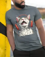 Happy Cat Headphones Music Lover Graphic T-Shirt - model in grey shirt leaning against column