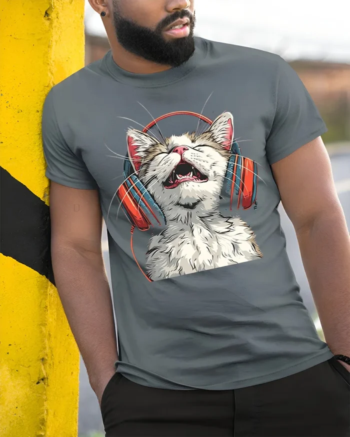 Happy Cat Headphones Music Lover Graphic T-Shirt - model in grey shirt leaning against column
