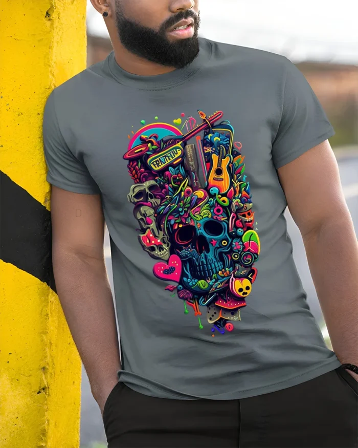 Colorful Psychedelic Skull Graphic T-Shirt Tee - model in grey shirt leaning against column
