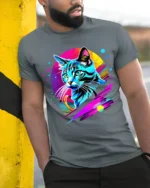 Neon Retro Cat Graphic T-Shirt Colorful Art Tee - model in grey shirt leaning against column