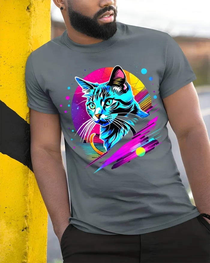 Neon Retro Cat Graphic T-Shirt Colorful Art Tee - model in grey shirt leaning against column