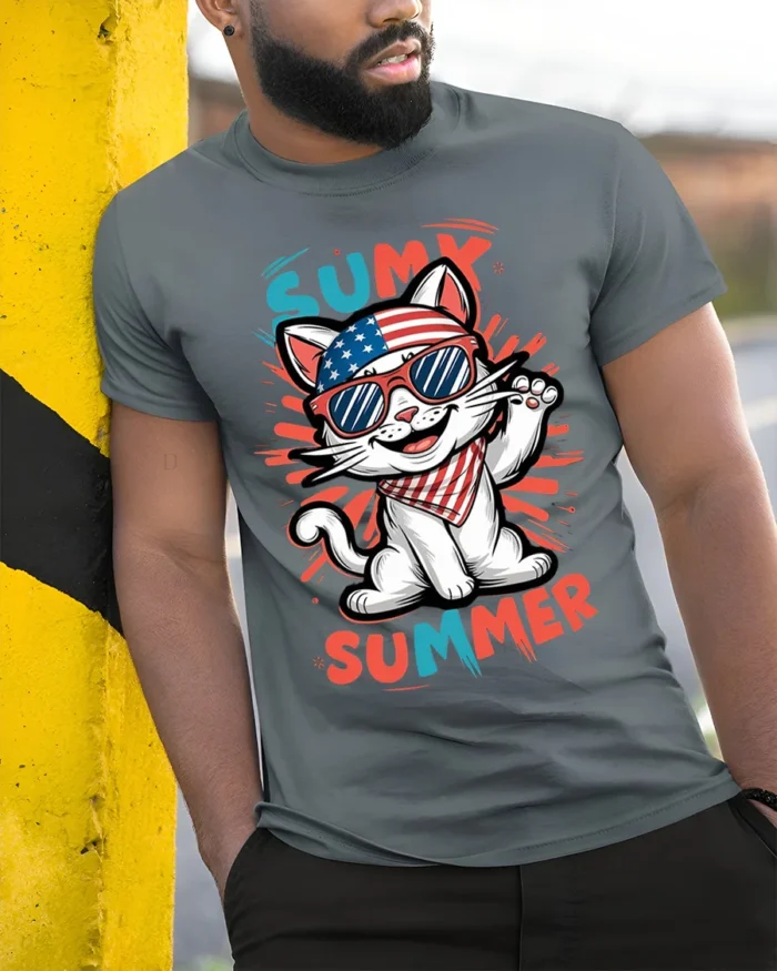 Patriotic Summer Cat Graphic T-Shirt USA Style - model in grey shirt leaning against column