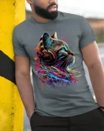 Colorful DJ Cat Headphones Graphic T-Shirt - model in grey shirt leaning against column
