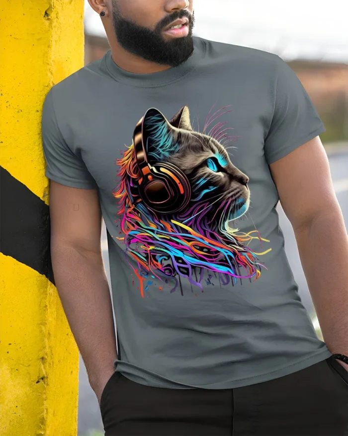 Colorful DJ Cat Headphones Graphic T-Shirt - model in grey shirt leaning against column