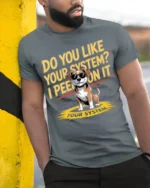 Funny Dog System Joke Graphic T-Shirt Humor Tee - model in grey shirt leaning against column
