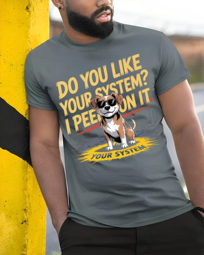 Funny Dog System Joke Graphic T-Shirt Humor Tee - model in grey shirt leaning against column