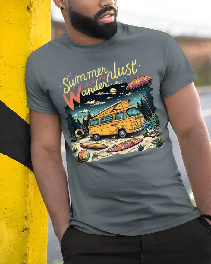 Summer Wanderlust Beach Van Graphic T-Shirt - model in grey shirt leaning against column