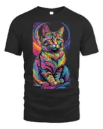 Psychedelic Rainbow Cat Art Graphic T-Shirt - black t-shirt on white background
