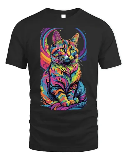 Psychedelic Rainbow Cat Art Graphic T-Shirt - black t-shirt on white background