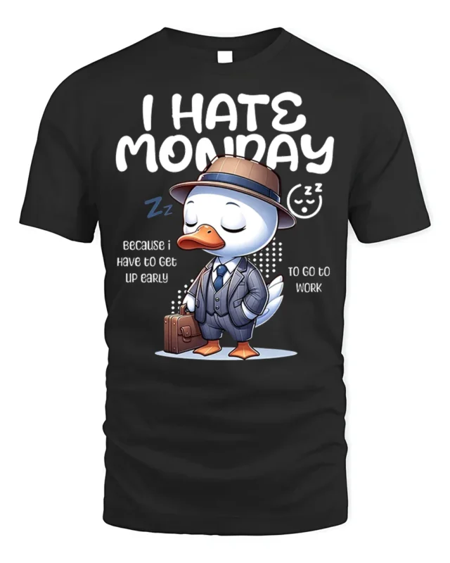 Funny Duck I Hate Monday Work Graphic T-Shirt - black t-shirt on white background