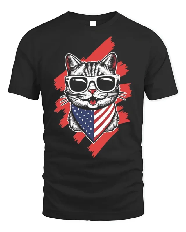 Patriotic American Flag Cat Graphic T-Shirt - black t-shirt on white background