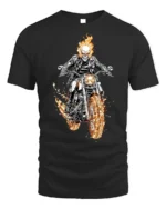 Flaming Skull Rider Motorcycle Graphic T-Shirt - black t-shirt on white background