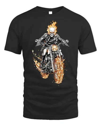 Flaming Skull Rider Motorcycle Graphic T-Shirt - black t-shirt on white background