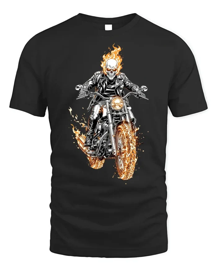 Flaming Skull Rider Motorcycle Graphic T-Shirt - black t-shirt on white background