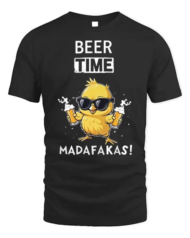 Beer Time Funny Chick Drinking Graphic T-Shirt - black t-shirt on white background