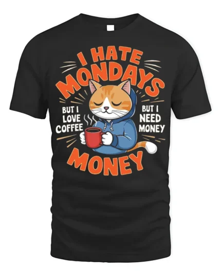 Funny Cat Coffee Monday Graphic T-Shirt - black t-shirt on white background