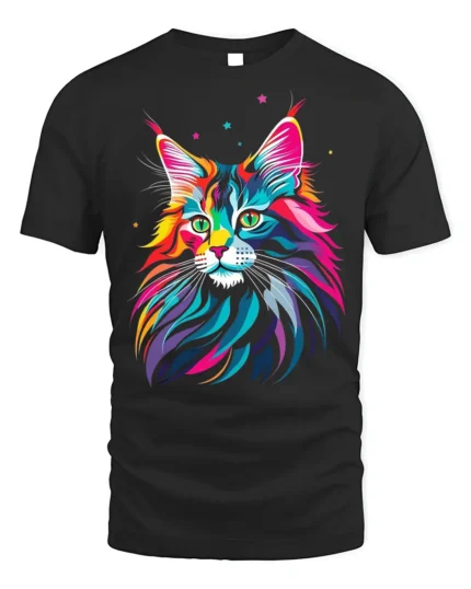 Psychedelic Colorful Cat Face Graphic T-Shirt - black t-shirt on white background