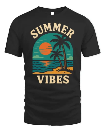 Retro Summer Vibes Sunset Beach Graphic T-Shirt - black t-shirt on white background