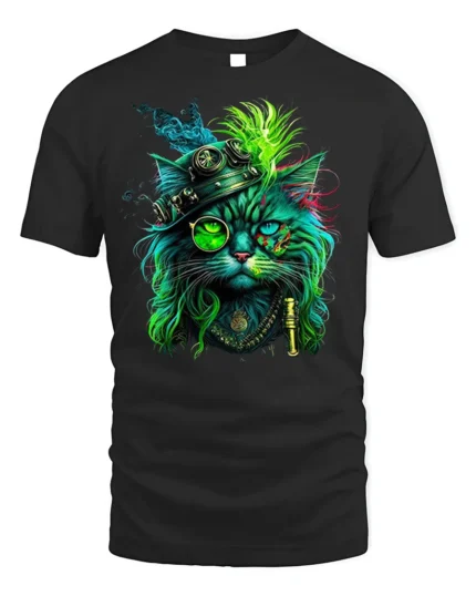 Steampunk Neon Cat Artistic Graphic T-Shirt - black t-shirt on white background