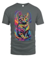 Psychedelic Rainbow Cat Art Graphic T-Shirt - gray t-shirt on white background