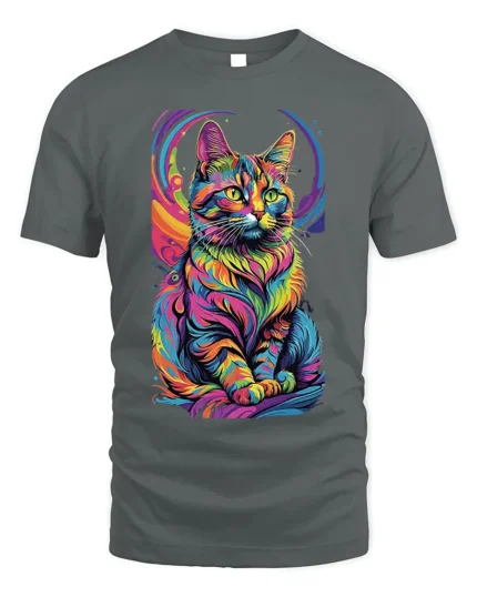 Psychedelic Rainbow Cat Art Graphic T-Shirt - gray t-shirt on white background
