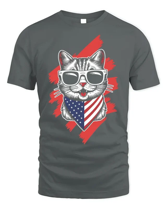 Patriotic American Flag Cat Graphic T-Shirt - gray t-shirt on white background