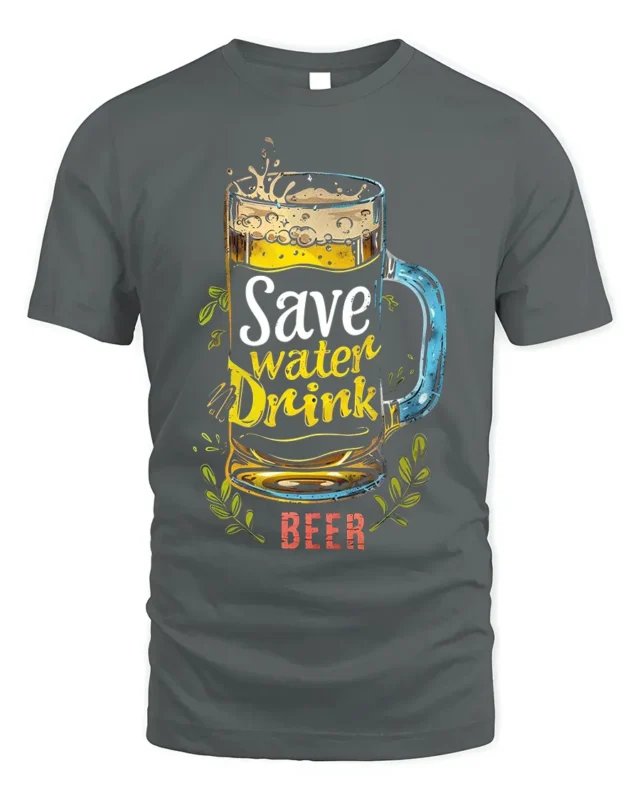 Save Water Drink Beer Funny Graphic T-Shirt - gray t-shirt on white background