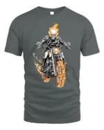 Flaming Skull Rider Motorcycle Graphic T-Shirt - gray t-shirt on white background