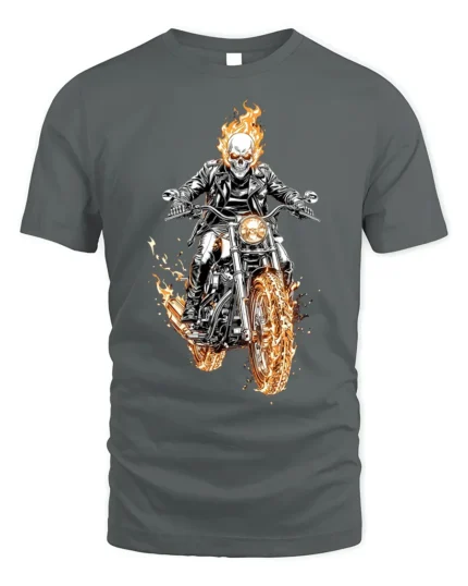 Flaming Skull Rider Motorcycle Graphic T-Shirt - gray t-shirt on white background
