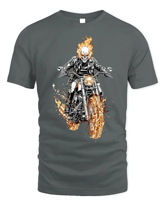 Flaming Skull Rider Motorcycle Graphic T-Shirt - gray t-shirt on white background