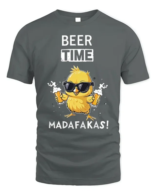 Beer Time Funny Chick Drinking Graphic T-Shirt - gray t-shirt on white background