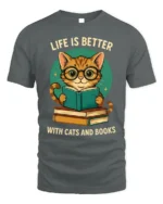 Life Is Better With Cats And Books T-Shirt - gray t-shirt on white background