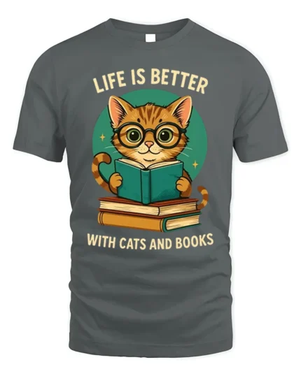 Life Is Better With Cats And Books T-Shirt - gray t-shirt on white background