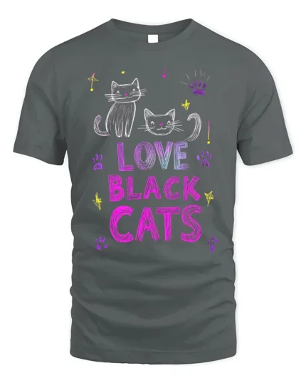 Love Black Cats Cute Feline Graphic T-Shirt - gray t-shirt on white background