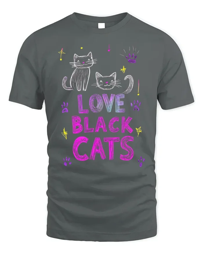 Love Black Cats Cute Feline Graphic T-Shirt - gray t-shirt on white background
