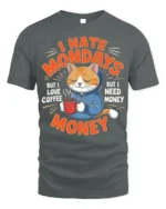 Funny Cat Coffee Monday Graphic T-Shirt - gray t-shirt on white background