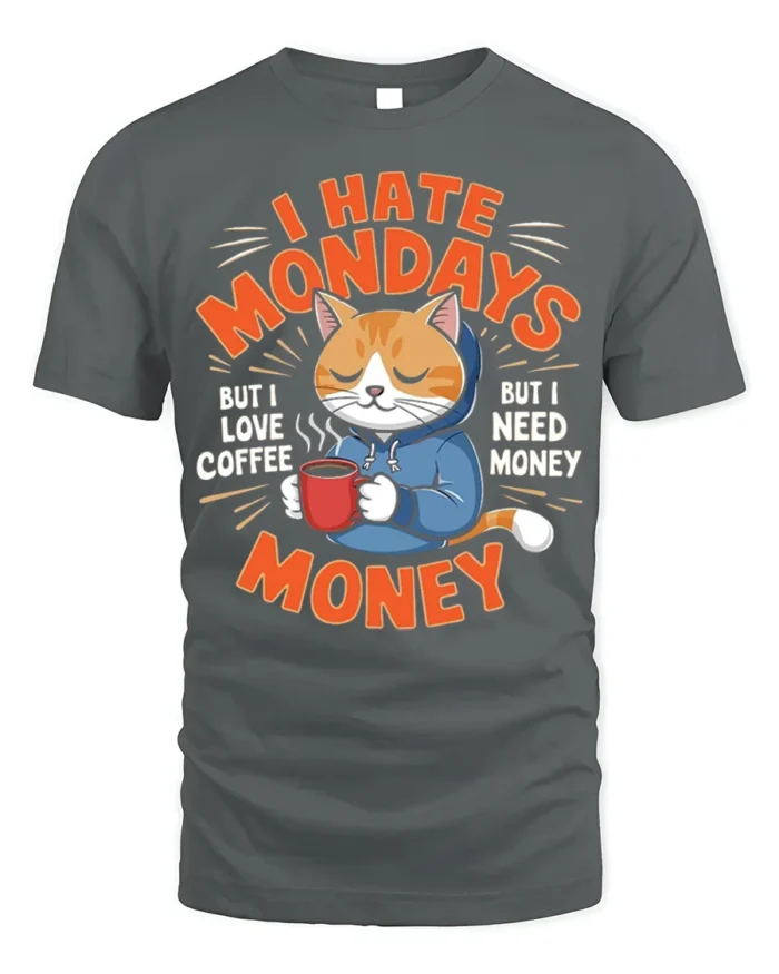 Funny Cat Coffee Monday Graphic T-Shirt - gray t-shirt on white background
