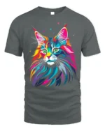 Psychedelic Colorful Cat Face Graphic T-Shirt - gray t-shirt on white background