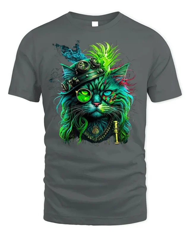 Steampunk Neon Cat Artistic Graphic T-Shirt - gray t-shirt on white background
